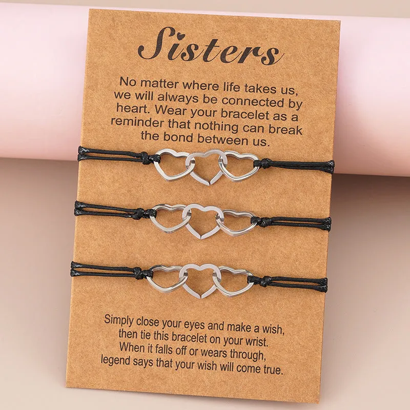 Stainless Steel Hollow Love Sisters Friendship Wax Line Hand-woven Bracelet Set