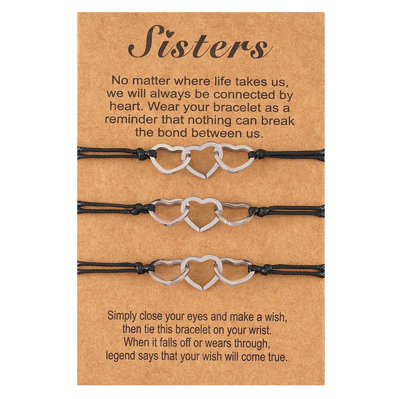 Stainless Steel Hollow Love Sisters Friendship Wax Line Hand-woven Bracelet Set