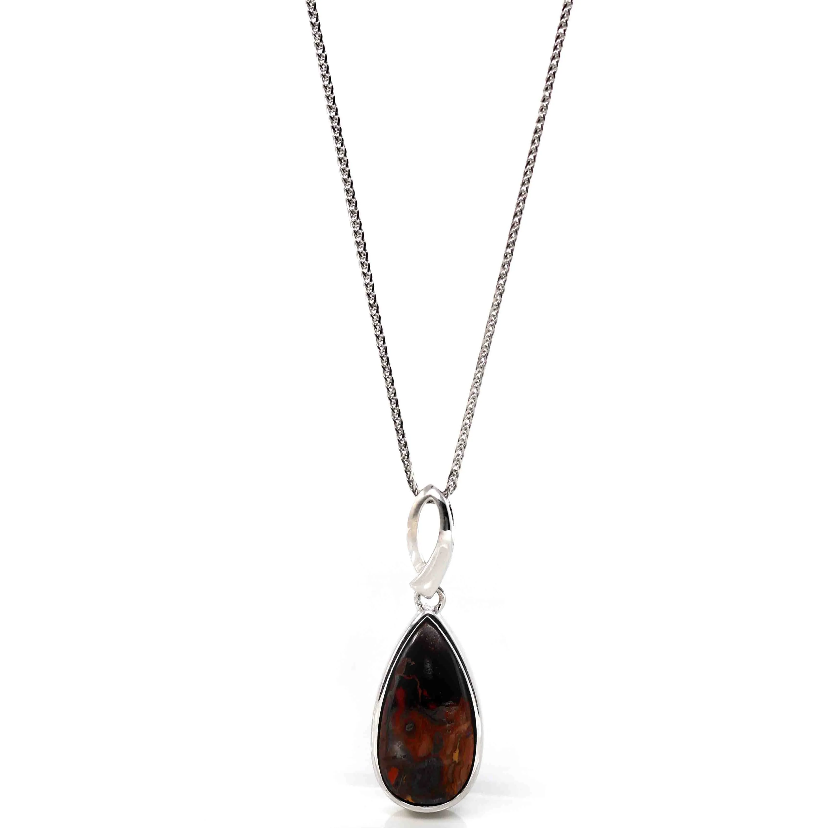 Sterling Silver Freeform Tear Drop Cut Australian Boulder Opal Bezel Set Necklace