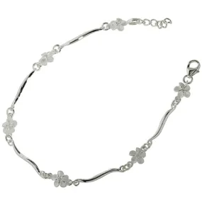 Sterling Silver Hawaiian Plumeria with Clear CZ Wave Bar Links Bracelet