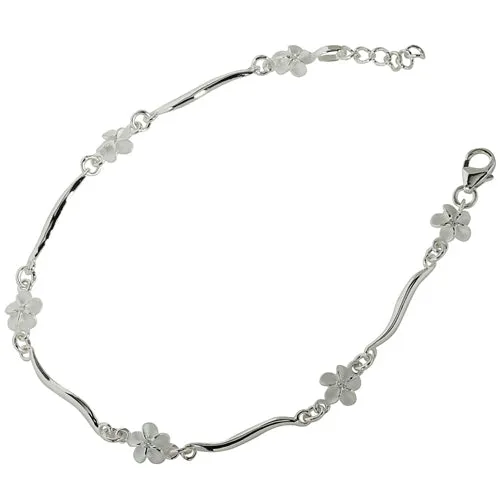 Sterling Silver Hawaiian Plumeria with Clear CZ Wave Bar Links Bracelet