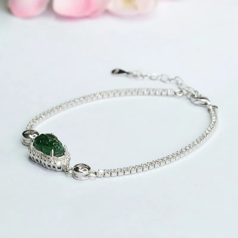Sterling Silver Pixiu Bracelet with Natural Jade Inlay