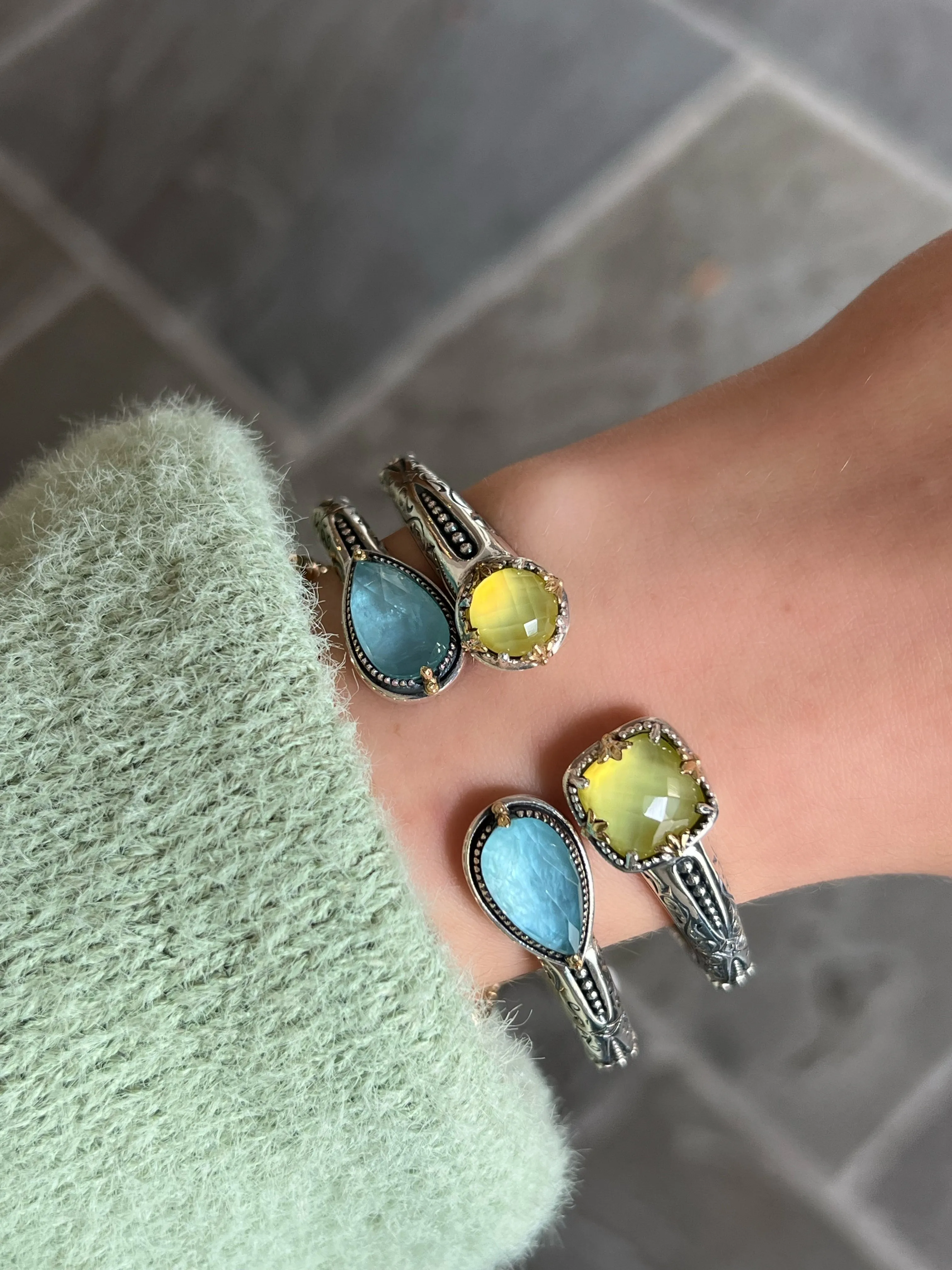 Sterling Silver Rock Crystal & Aquamarine Cuff Bracelet