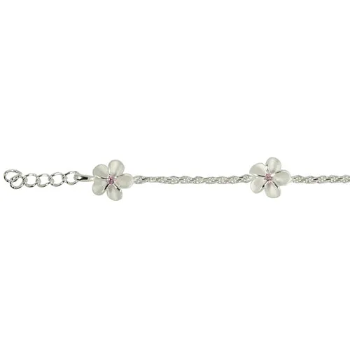Sterling Silver Rope Chain Plumeria with Pink CZ Links Bracelet
