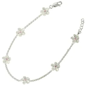 Sterling Silver Rope Chain Plumeria with Pink CZ Links Bracelet
