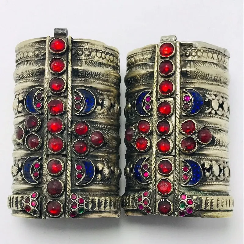 Tribal Vintage Blue and Red Glass Stones Handcuff