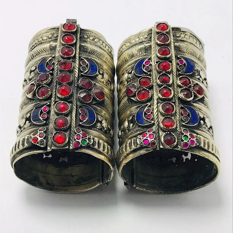 Tribal Vintage Blue and Red Glass Stones Handcuff
