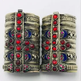 Tribal Vintage Blue and Red Glass Stones Handcuff