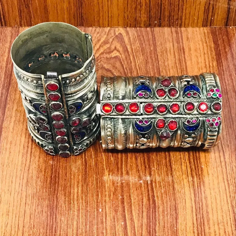 Tribal Vintage Blue and Red Glass Stones Handcuff