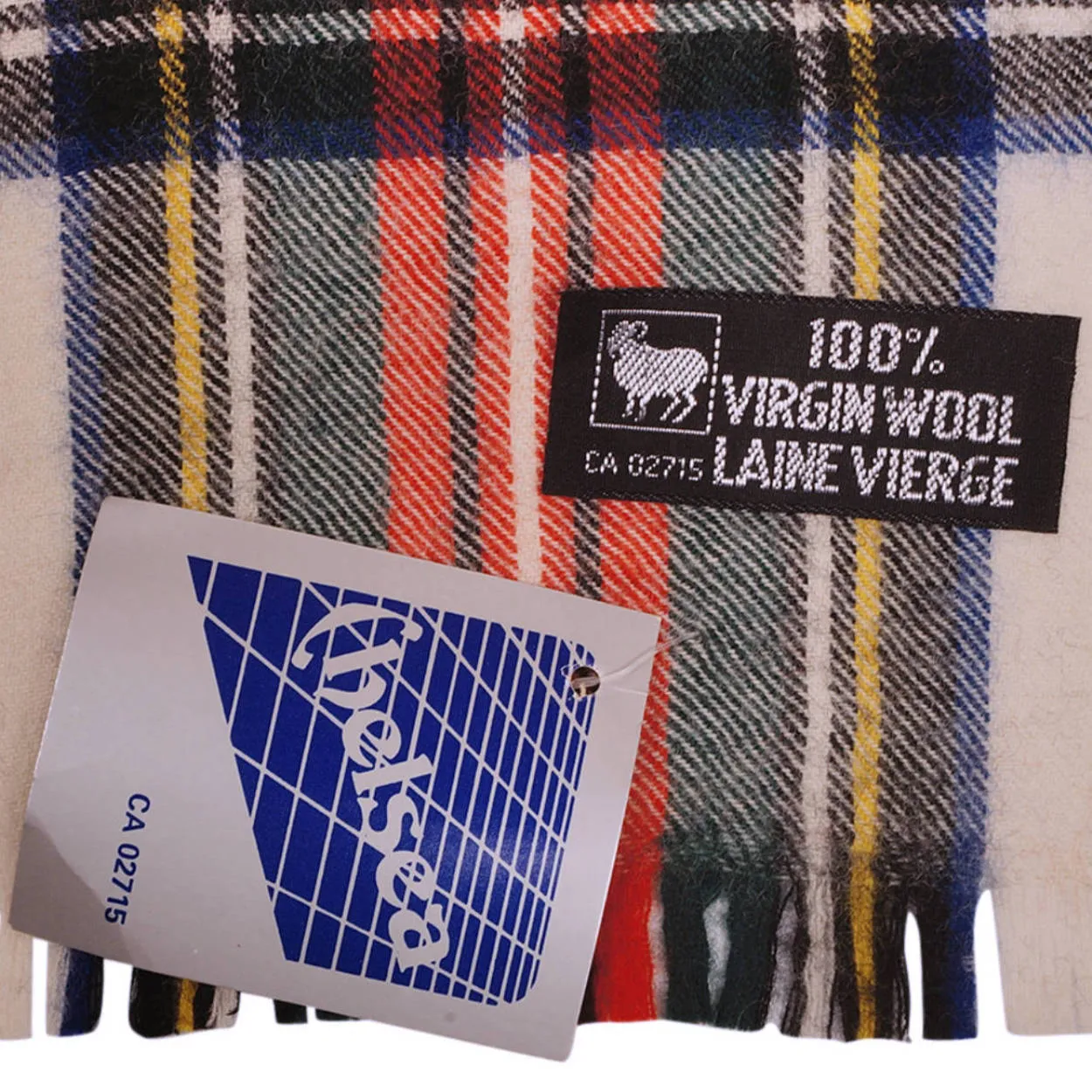 Vintage 1970s NWT Plaid White Wool Scarf Unused Sample Unisex
