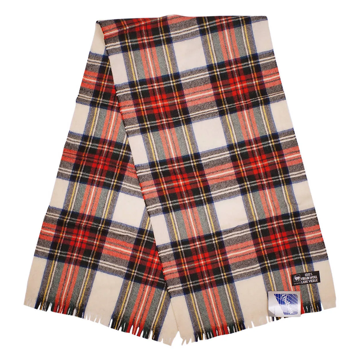 Vintage 1970s NWT Plaid White Wool Scarf Unused Sample Unisex