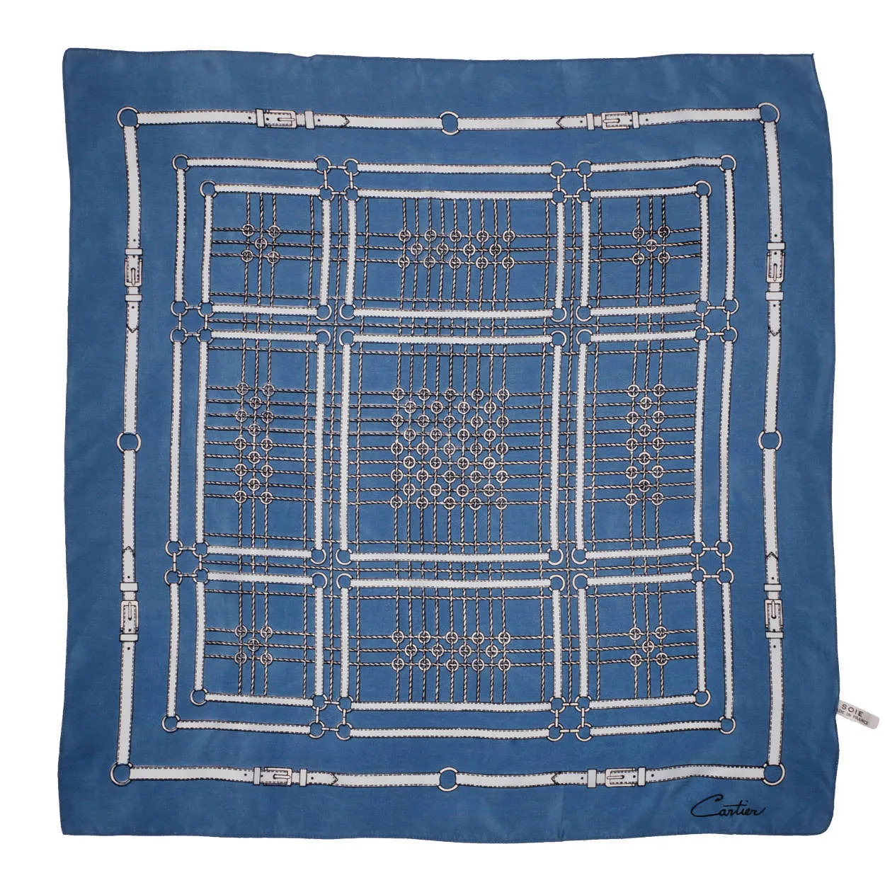 Vintage Cartier Paris Silk Scarf Blue w White Horsebit Design 23”