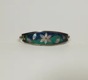 Vintage Floral Inlaid Hinged Bangle Bracelet