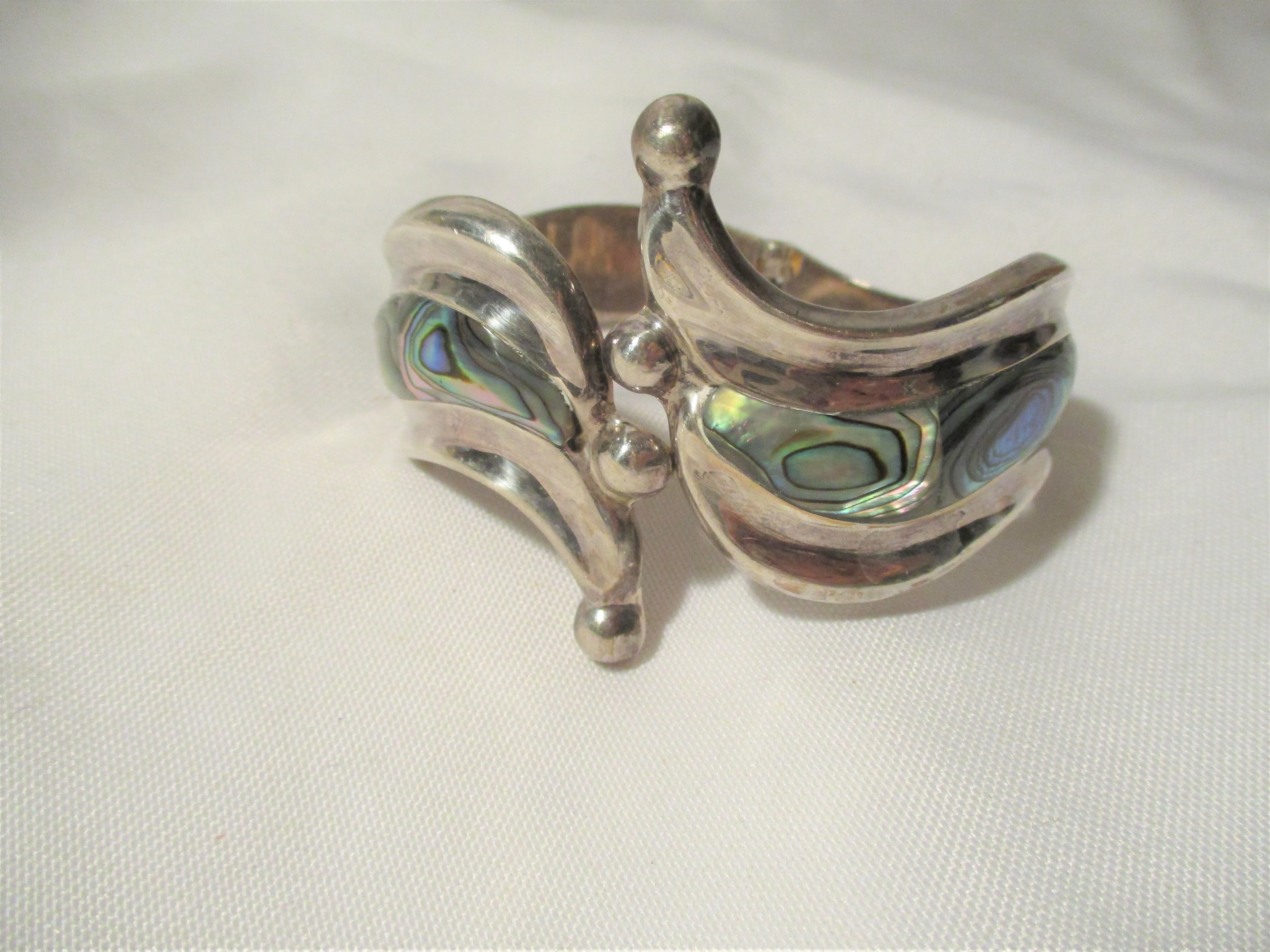 Vintage Signed TAXCO ABALONE Sterling Silver Hinged CUFF BRACELET BAND Jewelry Boho Statement