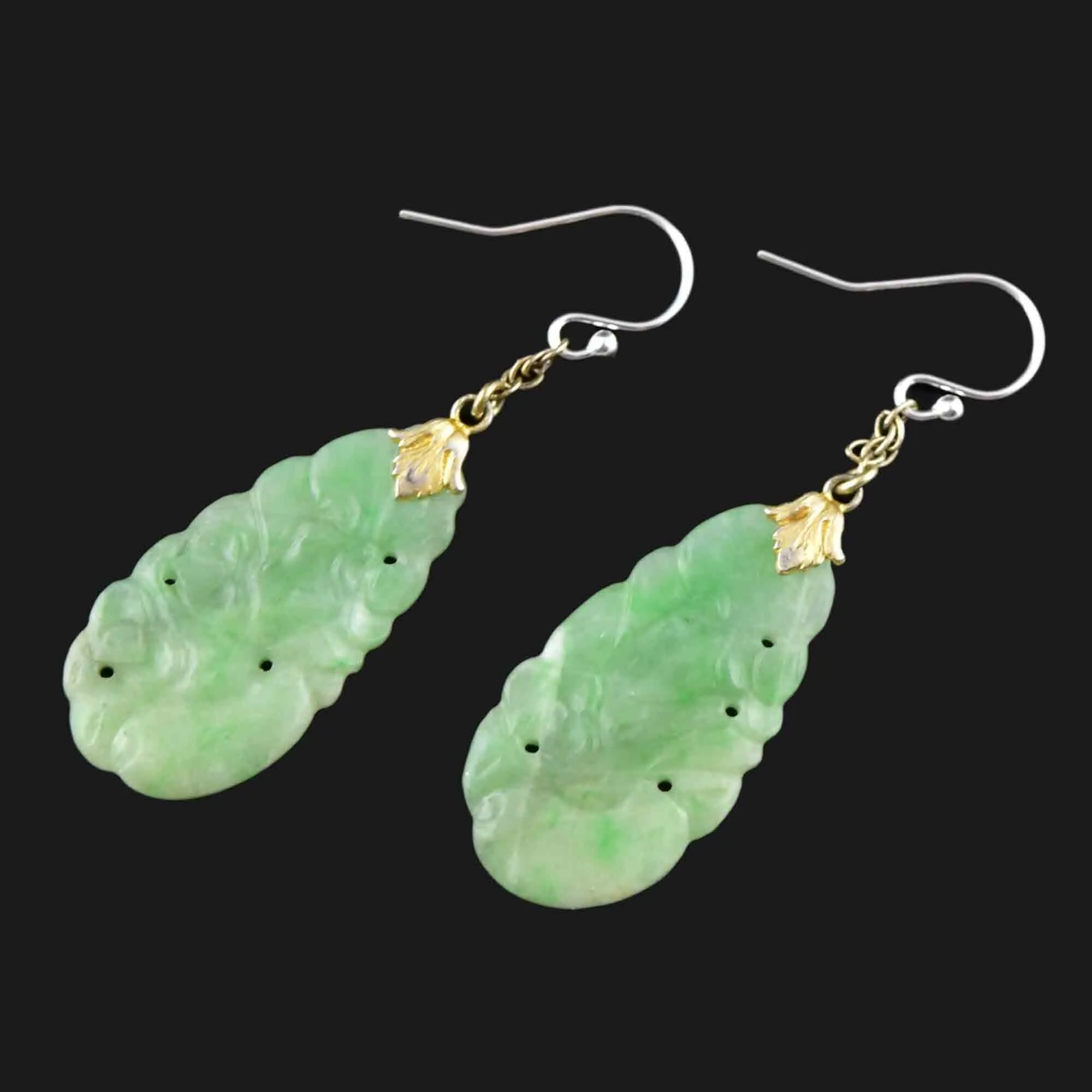 Vintage Silver Carved Pierced Jade Chandelier Earrings