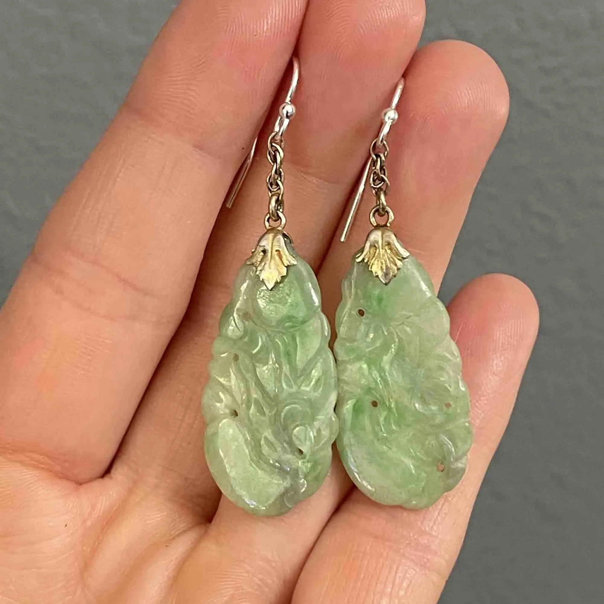 Vintage Silver Carved Pierced Jade Chandelier Earrings