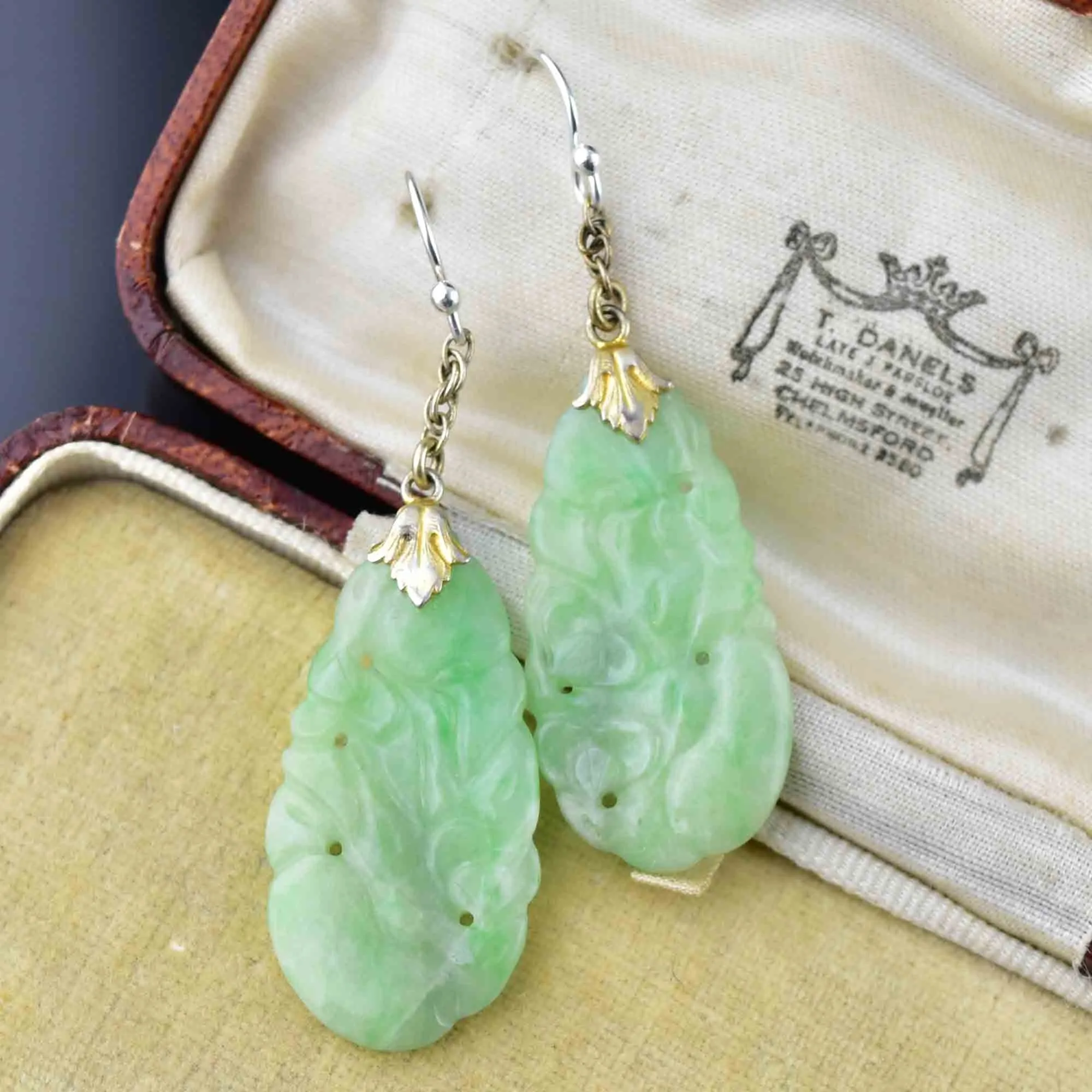 Vintage Silver Carved Pierced Jade Chandelier Earrings