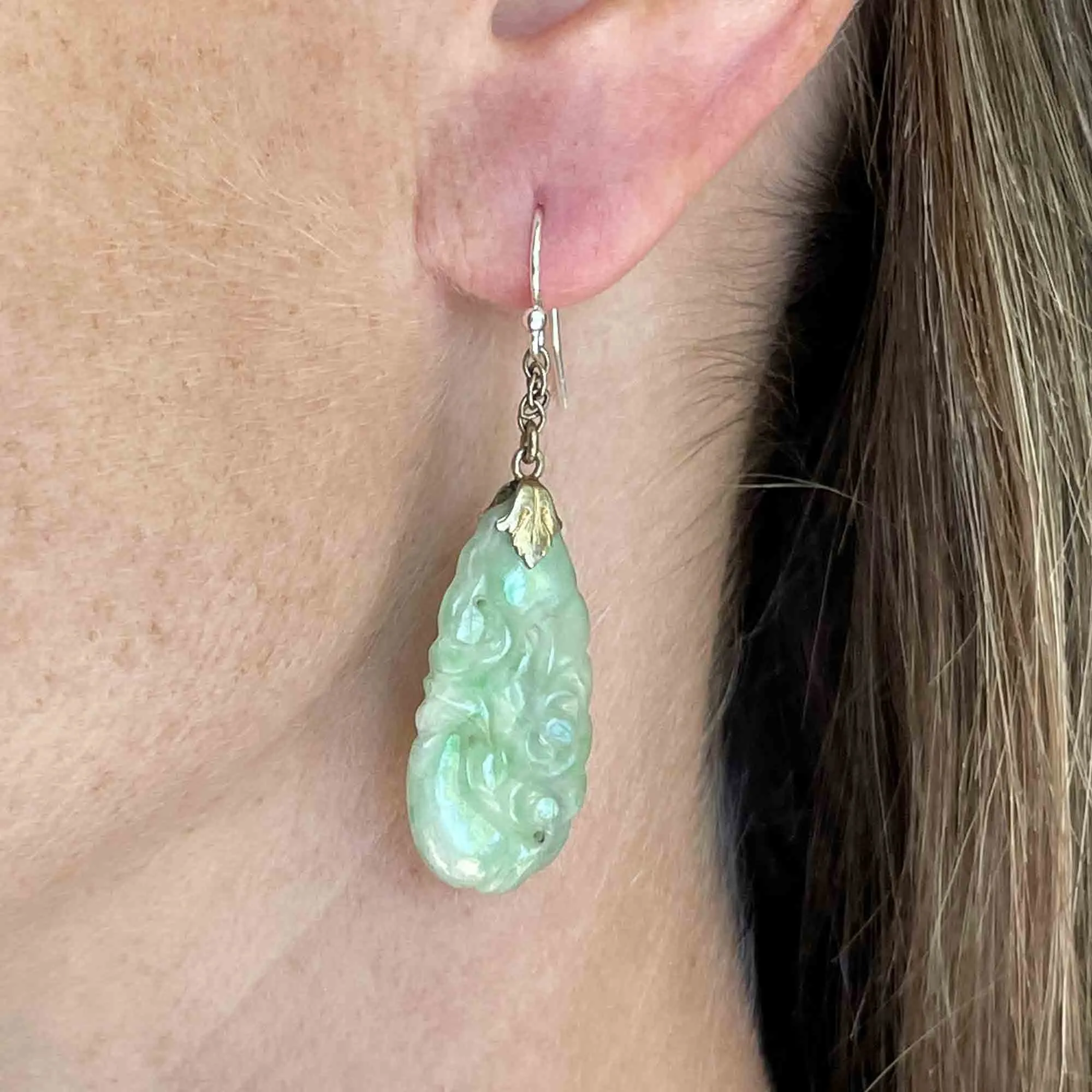 Vintage Silver Carved Pierced Jade Chandelier Earrings