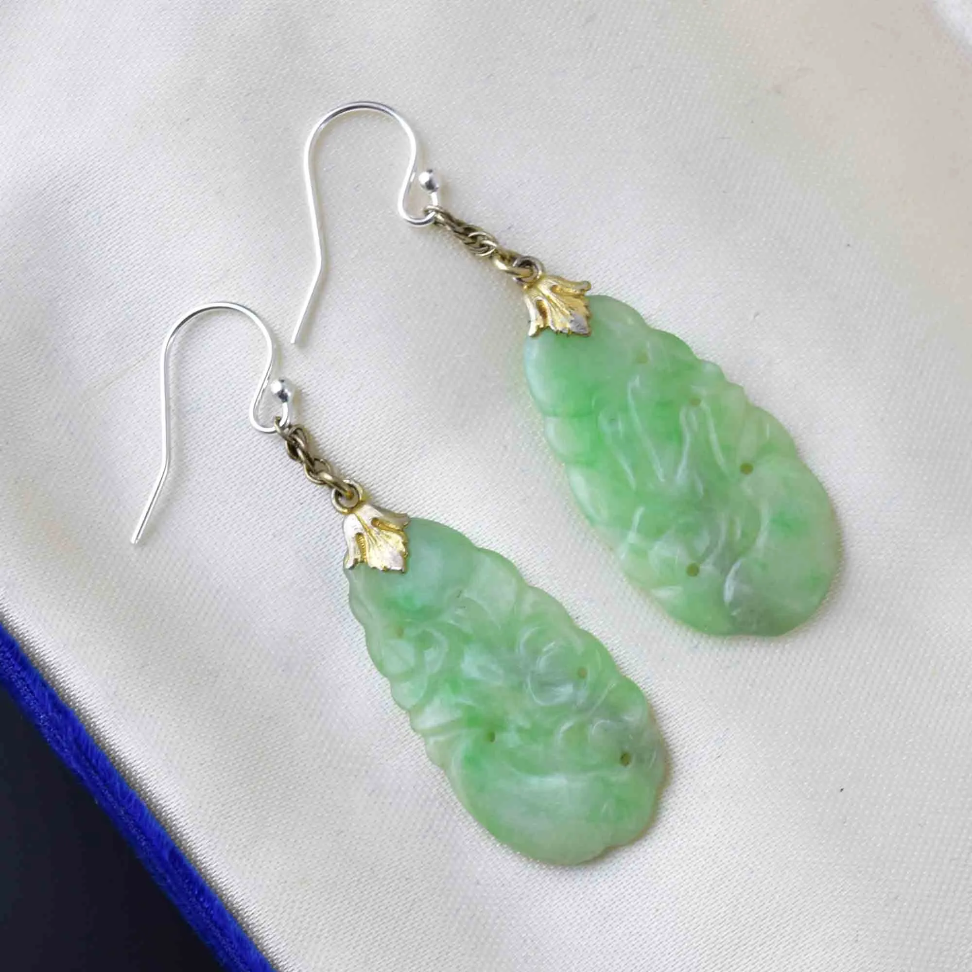 Vintage Silver Carved Pierced Jade Chandelier Earrings