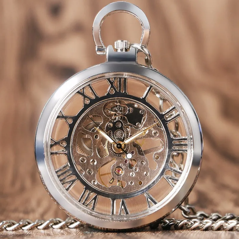 Vintage Watch Necklace Steampunk Skeleton Mechanical Fob Pocket Watch Clock Pendant Hand-winding