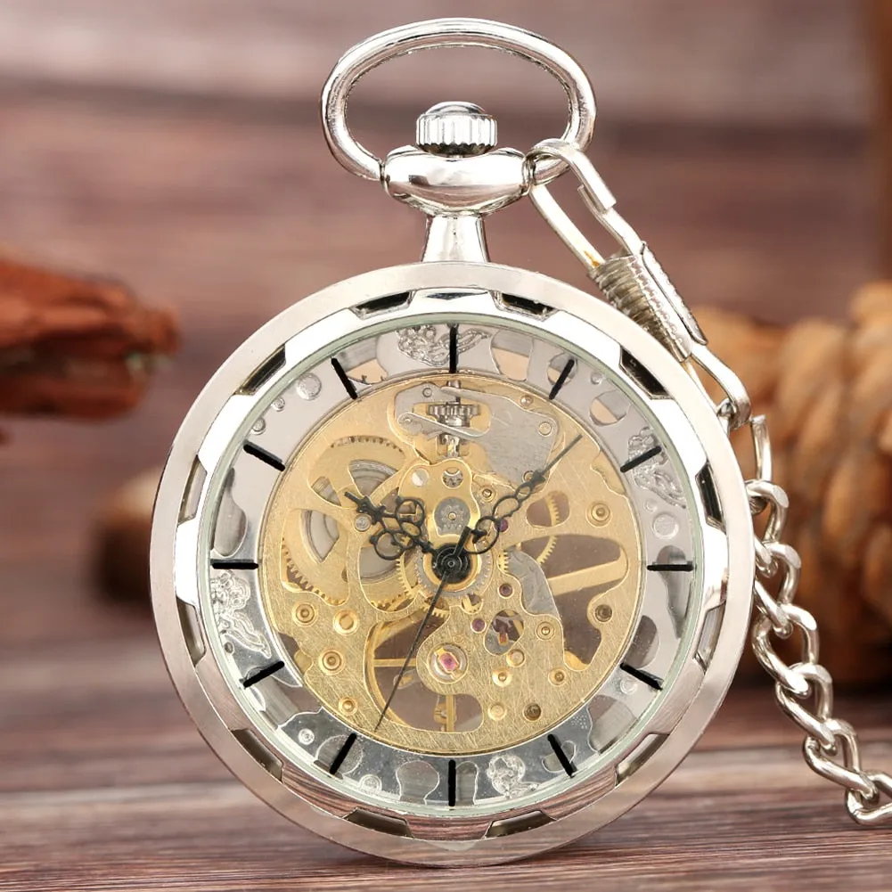 Vintage Watch Necklace Steampunk Skeleton Mechanical Fob Pocket Watch Clock Pendant Hand-winding