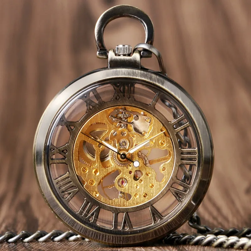 Vintage Watch Necklace Steampunk Skeleton Mechanical Fob Pocket Watch Clock Pendant Hand-winding