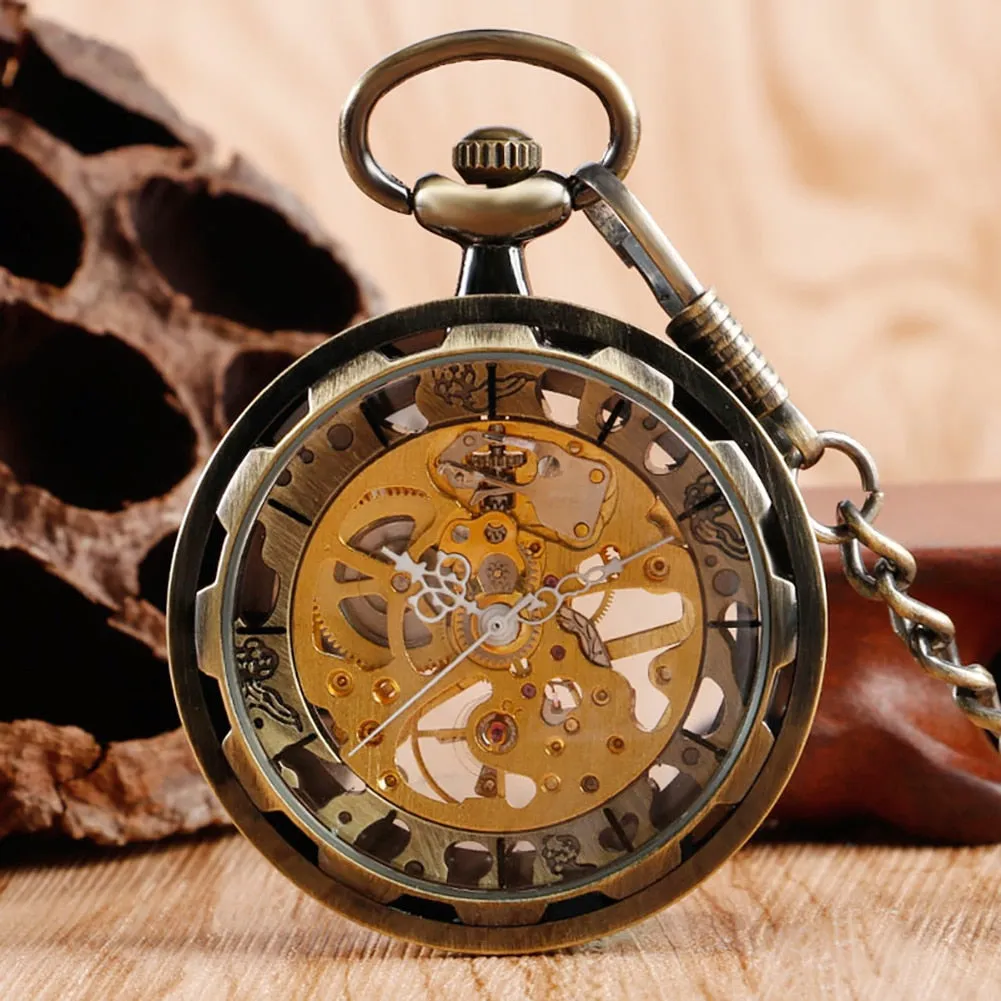 Vintage Watch Necklace Steampunk Skeleton Mechanical Fob Pocket Watch Clock Pendant Hand-winding