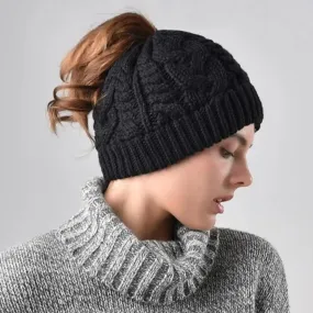 Winter Ponytail Messy Bun Casual Warm Knitted Winter Beanie