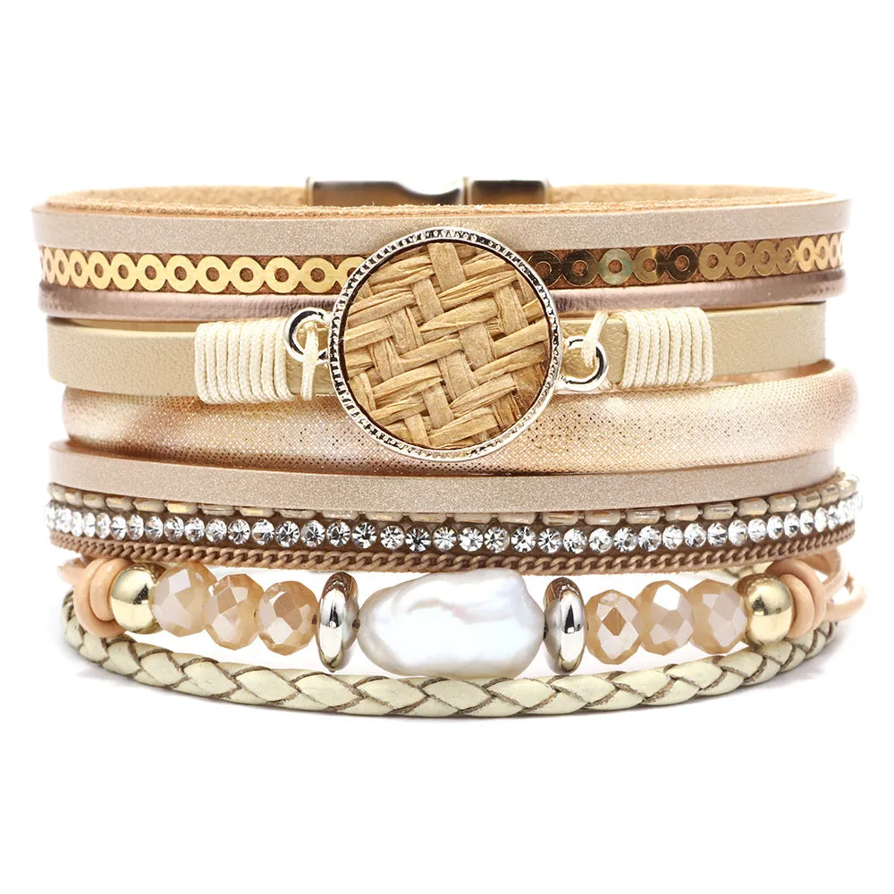 Women's Leather Bracelet With Magnetic Buckle And Diamonds