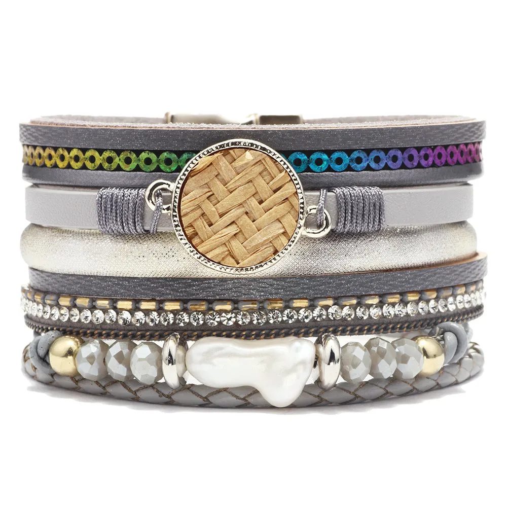 Women's Leather Bracelet With Magnetic Buckle And Diamonds
