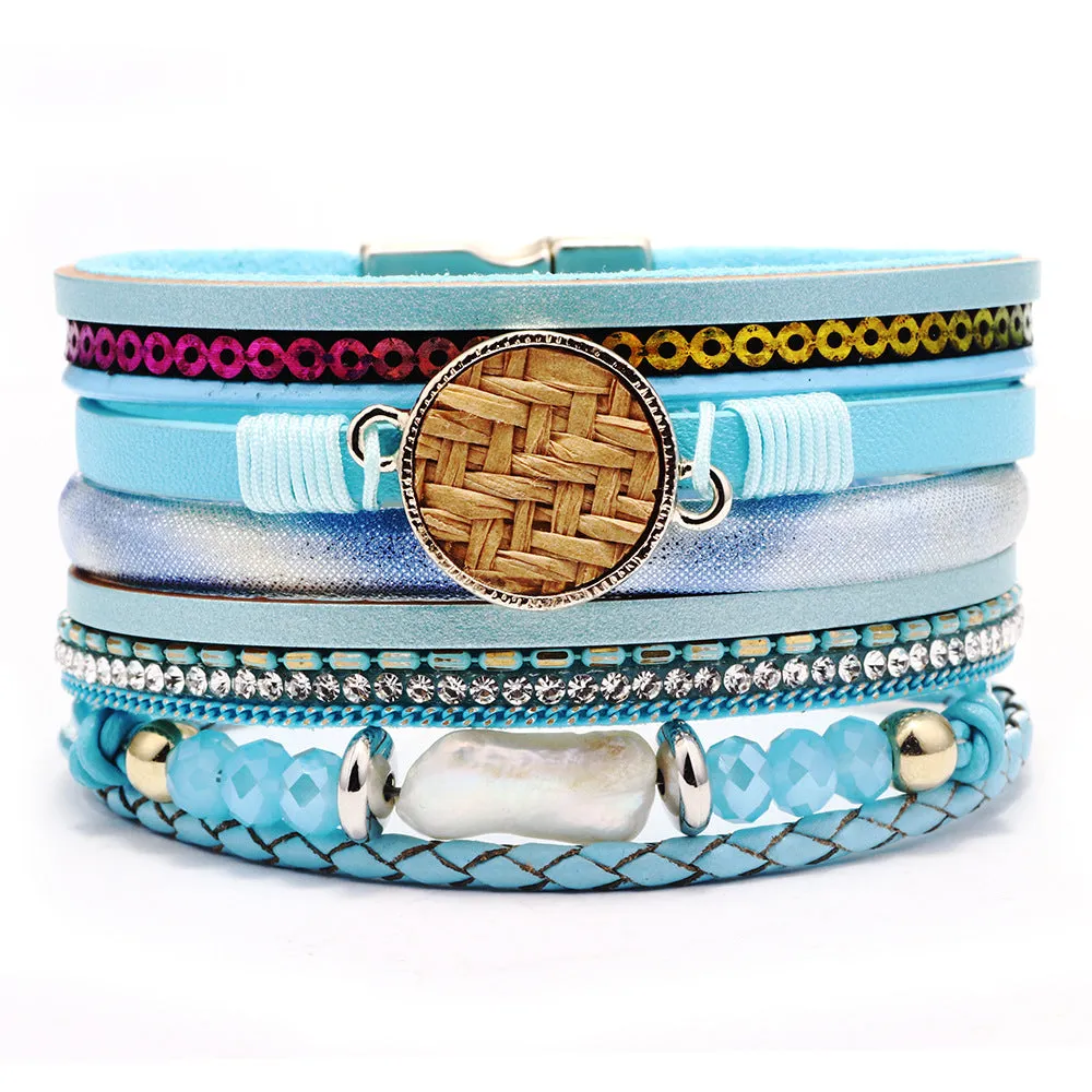 Women's Leather Bracelet With Magnetic Buckle And Diamonds