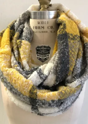 Women's mustard/cream/grey acrylic boucle infinity scarf approx 26" x 35"