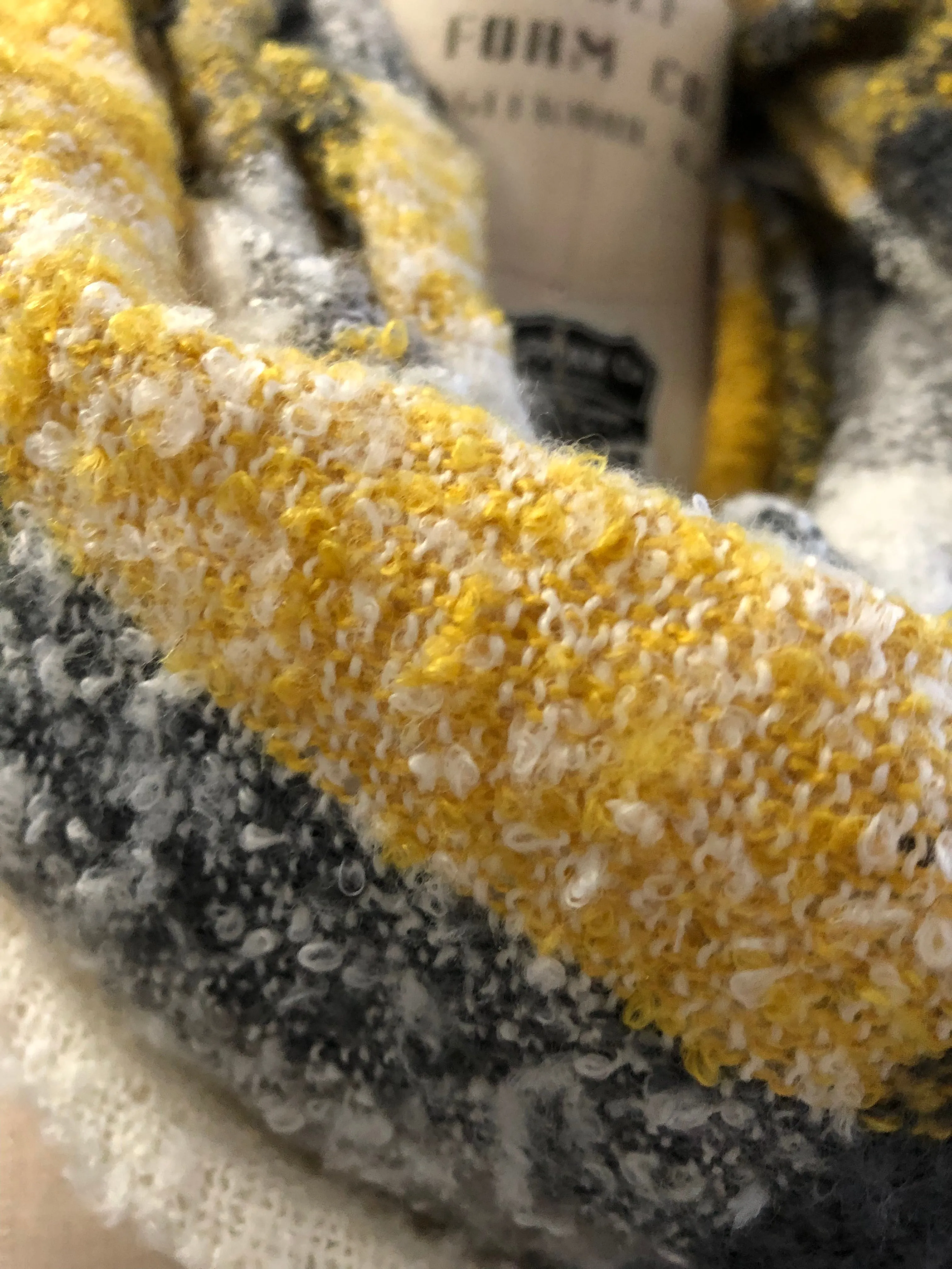 Women's mustard/cream/grey acrylic boucle infinity scarf approx 26" x 35"